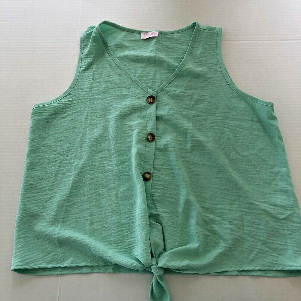 Pink Lily Green Button Front Tie Waist Tank Top Women’s 3XL A3067